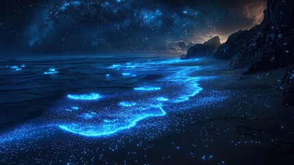 Fototapeta premium Glowing shoreline at night under a starlit sky, bioluminescence illuminates the sand and waves for a magical beach scene.