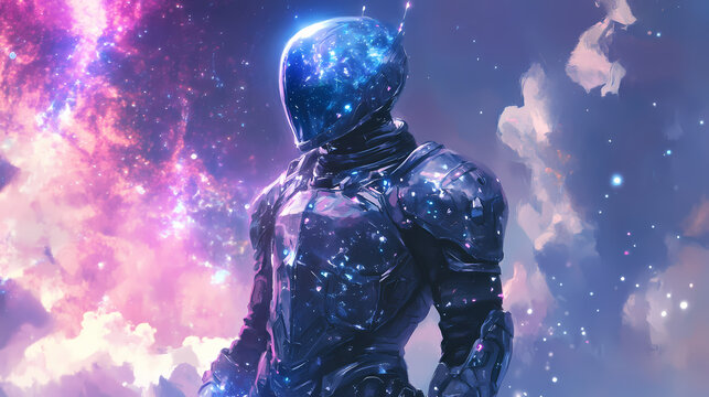 Futuristic knight in shining armor stands confidently in a high-tech environment, blending tradition with innovation. Nebula-Infused Armor. Illustration