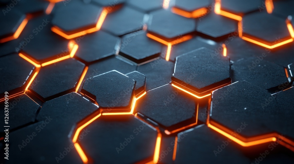 Poster abstract hexagon pattern: glowing orange lines on dark grey background
