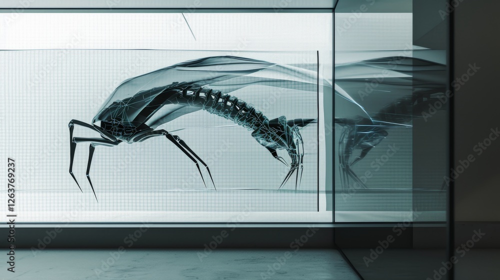 Poster a sleek robotic insect design displayed in a transparent glass enclosure with a high-tech aesthetic,
