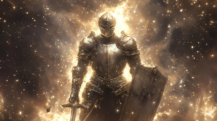 Glittering silver armor with shining sword and shield, surrounded by soft golden light, symbolizing faith, protection, and spiritual strength in a serene atmosphere. Nebula-Infused Armor. Illustration