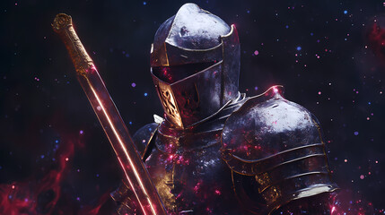 Knight sword character with iron armor. Nebula-Infused Armor. Illustration
