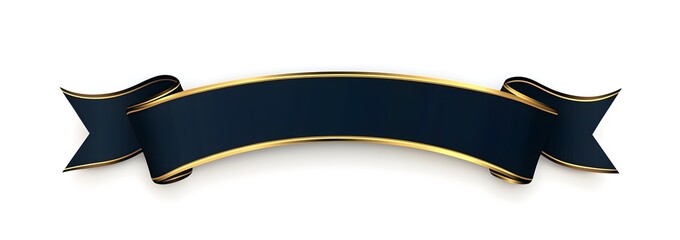 3D Navy Blue Ribbon Banner with Golden Border on White Background,