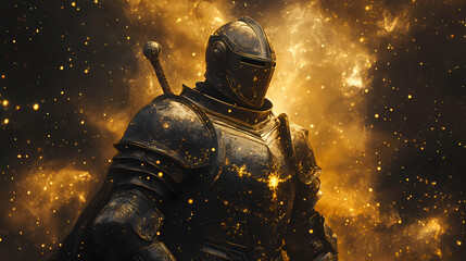 Fototapeta premium Medieval knight in armor with golden adornments, guarding the queen. generative ai. Nebula-Infused Armor. Illustration