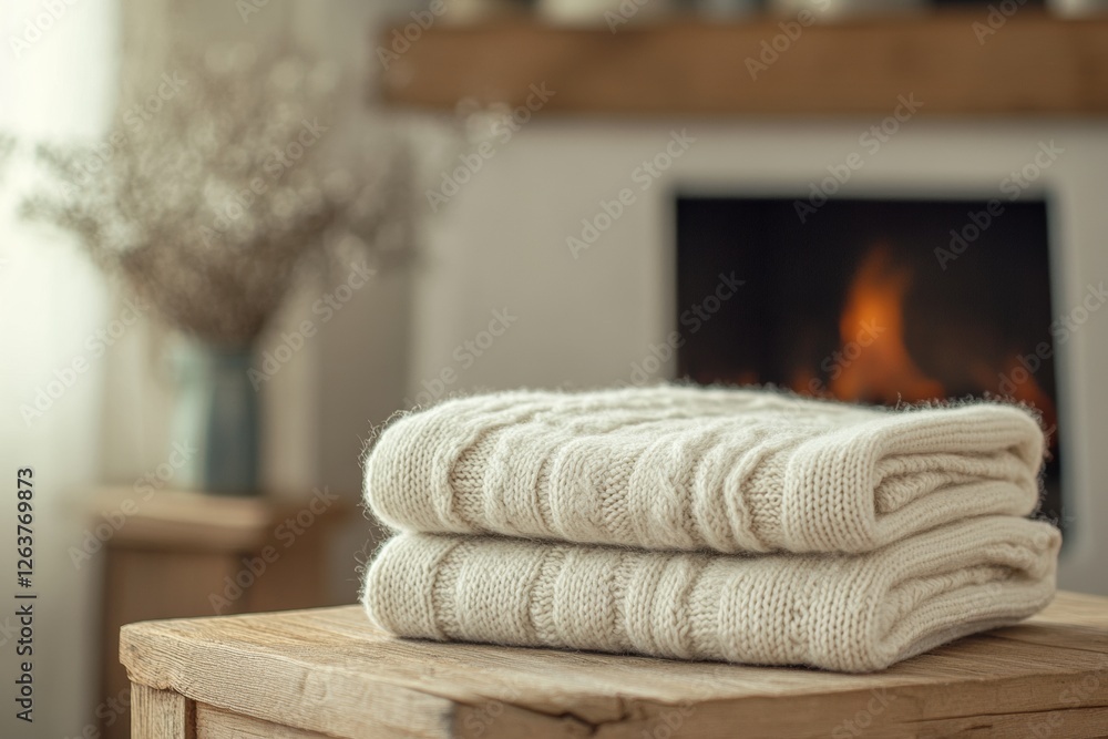 Poster Cozy living room with neatly folded cream towels on a wooden table near a warm fireplace in a relaxing setting. Generative AI