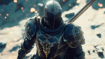 Naklejka premium Medieval knight in dark decorated armor with a sword stands on a rock on a sunny day, close up. Nebula-Infused Armor. Illustration