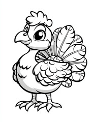 Naklejka premium Cute cartoon turkey with cheerful expression, featuring fluffy body and detailed feathers, perfect for coloring activities