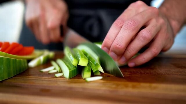 A close-up of a chef’s hands skillfully slicing vegetables on a wooden board.