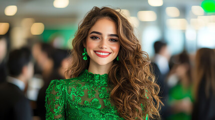 Obraz premium confident woman with curly hair wearing green dress and earrings, smiling in busy office environment. Her joyful expression adds to vibrant atmosphere