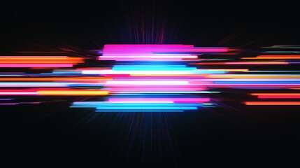 Futuristic glowing light streaks in vibrant neon colors on a dark background with a motion blur effect