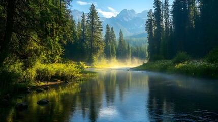 Fototapeta premium wide river that cuts through a forest with mountain backdrop