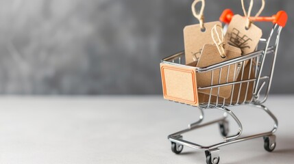 A small shopping cart containing blank kraft tags tied with string, set against a neutral gray background, perfect for labeling, gift wrapping, or holiday organization themes. AI generated.