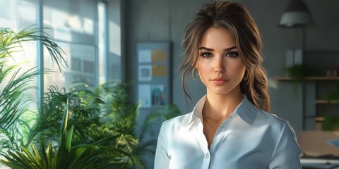 Young professional woman standing confidently in a modern office with plants and natural light on a sunny day