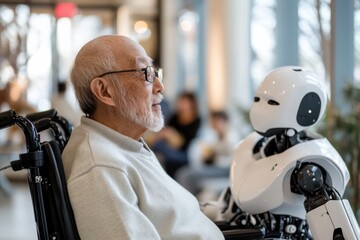 An elderly man in a wheelchair interacts with a humanoid robot, showcasing companionship and connection, highlighting the role of technology in enhancing human life.