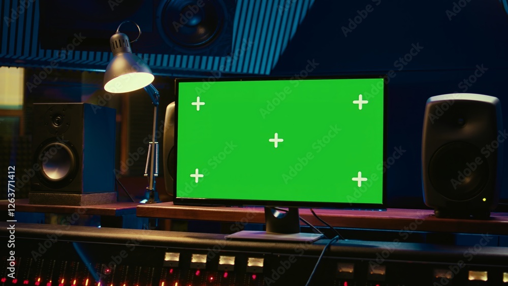 Fototapete Control room with greenscreen running on computer next to buttons and sliders, multiple controls and switchers on panel board mixing console. Empty professional studio with stereo gear. Camera B.