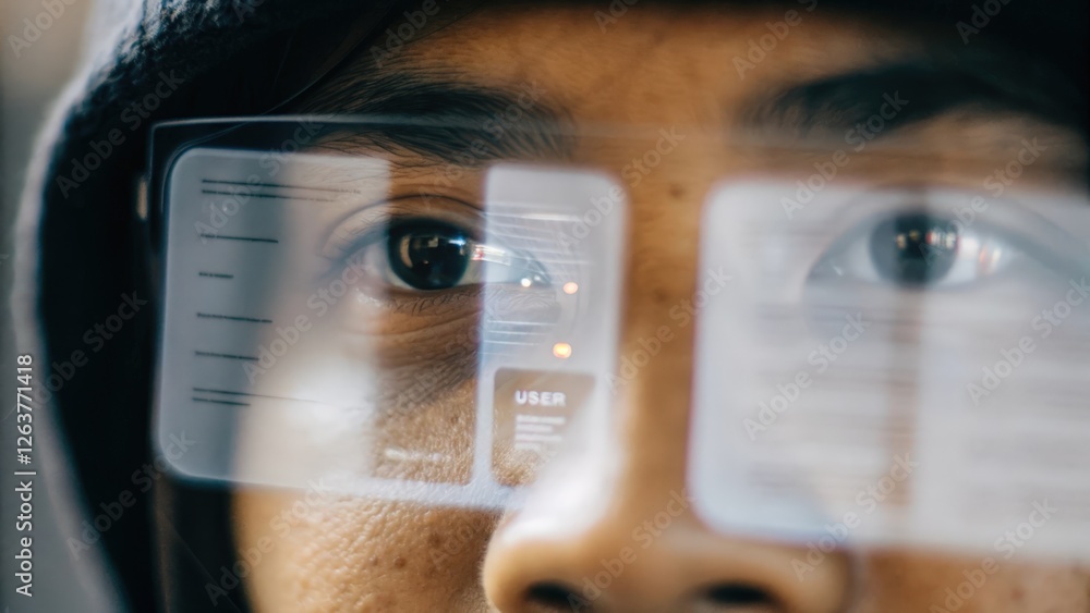 Aufkleber closeup of a users face illuminated by the light of a floating holographic task list illustrating fo