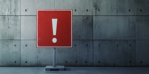 Vivid close-up of a red sign bearing a stark white exclamation, prominently affixed to a sleek gray concrete backdrop. Background fades into artistic abstraction