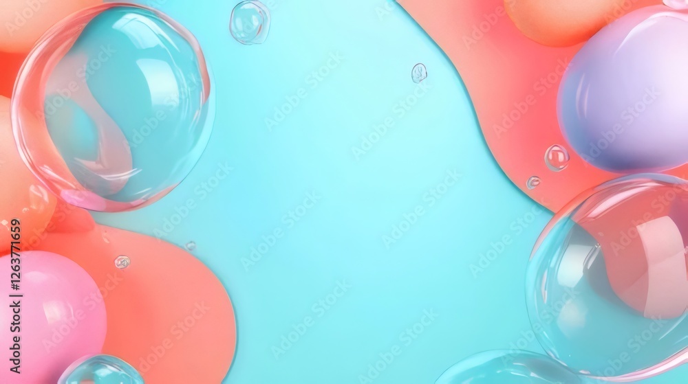 Poster abstract pastel background with translucent bubbles and fluid shapes.