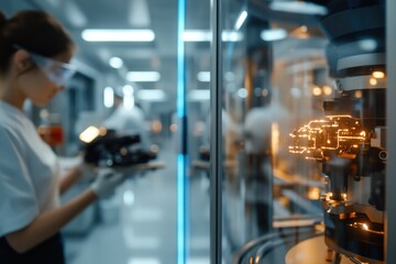 A focused researcher studies intricate robotic technologies in a high-tech lab, symbolizing the quest for knowledge and advancements that shape our relationship with machines.