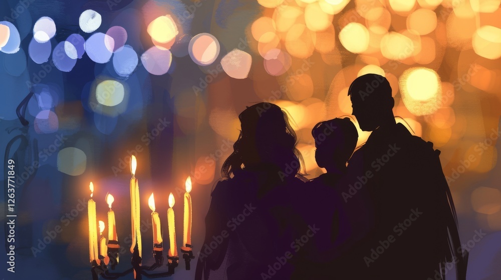 Poster a silhouette of a family surrounded by glowing candlelight and soft bokeh in the background, symboli