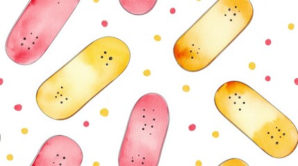 Colorful Watercolor Skateboard Pattern with Pink and Yellow Skateboards and Cheerful Dots on White Background
