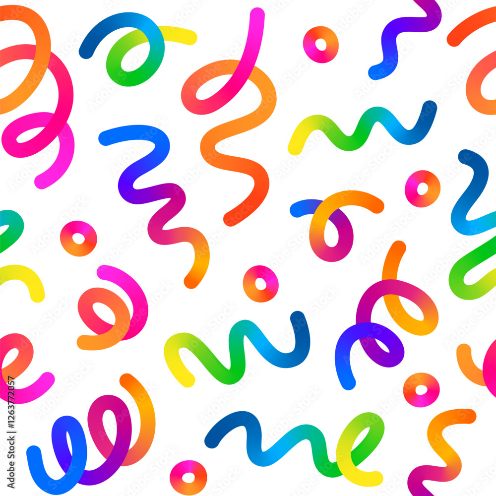 Aufkleber Vector Seamless Pattern with Color Confetti. Abstract Background with Squiggle Gradient Lines. Doodle Texture for Kids' Birthdays, Parties, and Carnival Celebrations