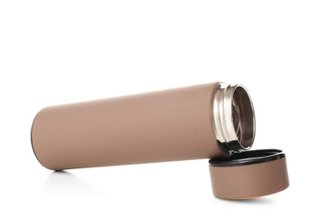 Modern brown thermos on white background