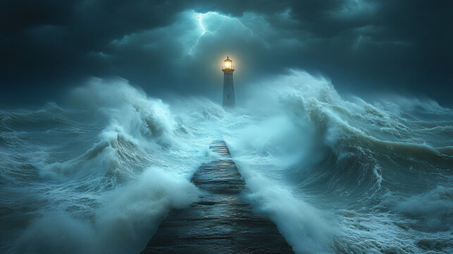 A stunning stormy ocean scene featuring a lighthouse amidst crashing waves, perfect for coastal-themed designs, maritime events, or safety awareness campaigns.