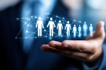 Creative representation of human connection and teamwork, digital network graphics, hand holding figures, abstract technology concept in a business setting