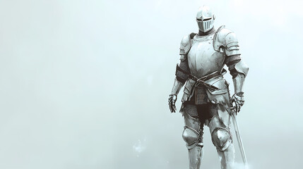 A knight in a suit of armor stands in front of a white background. Nebula-Infused Armor. Illustration
