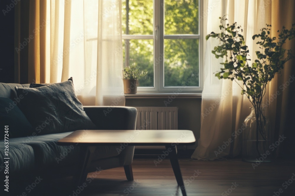 Poster sunlight streams through sheer curtains in a cozy living room, illuminating a simple coffee table an