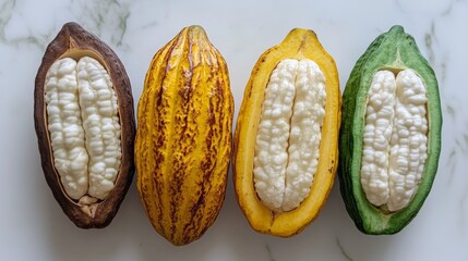 Various cacao pods showcasing different colors and textures on a light surface, emphasizing diversity in cocoa fruit