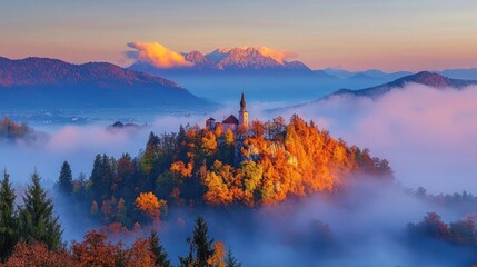 Fototapeta premium Majestic Autumnal Castle above the Clouds