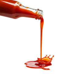 Close-up of Chili Sauce Pouring from a Glass Bottle Isolated 