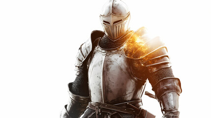 A powerful knight in shining armor stands confidently, transparent background, white background. Nebula-Infused Armor. Illustration