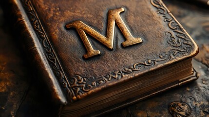 A leather bound book with the letter M embossed on the cover