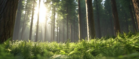 Fototapeta premium Sunlit forest, ferns, tranquil nature scene