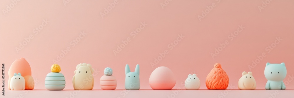 Poster Cute pastel figurines arranged in a line against a soft pink backdrop create an adorable visual display for any space. Generative AI
