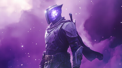 Fototapeta premium A stoic warrior in detailed armor with a crest helmet standing under dramatic lighting in a minimalist scene. Nebula-Infused Armor. Illustration