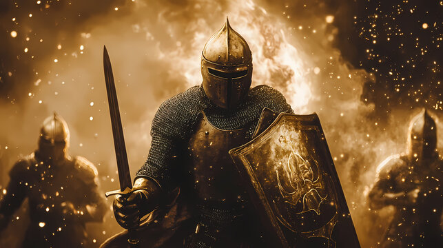 Armies of medieval knights fighting with swords, medieval knight in armor and shield. generative ai. Nebula-Infused Armor. Illustration