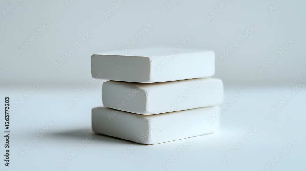 Poster clean white soap bars stacked in minimalist composition against light background, creating simple ge