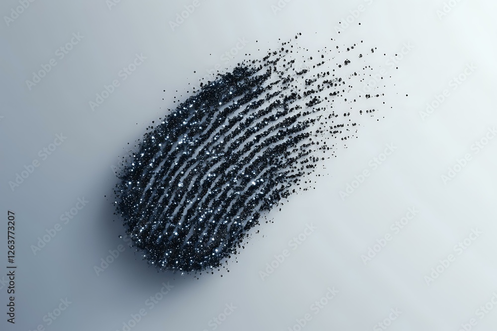 Poster black fingerprint dissolving into particles on light gray background, dramatic disintegration effect