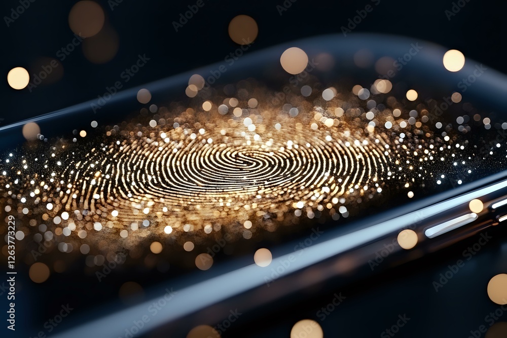 Poster digital fingerprint scan on smartphone screen with golden bokeh particles and light effects, represe