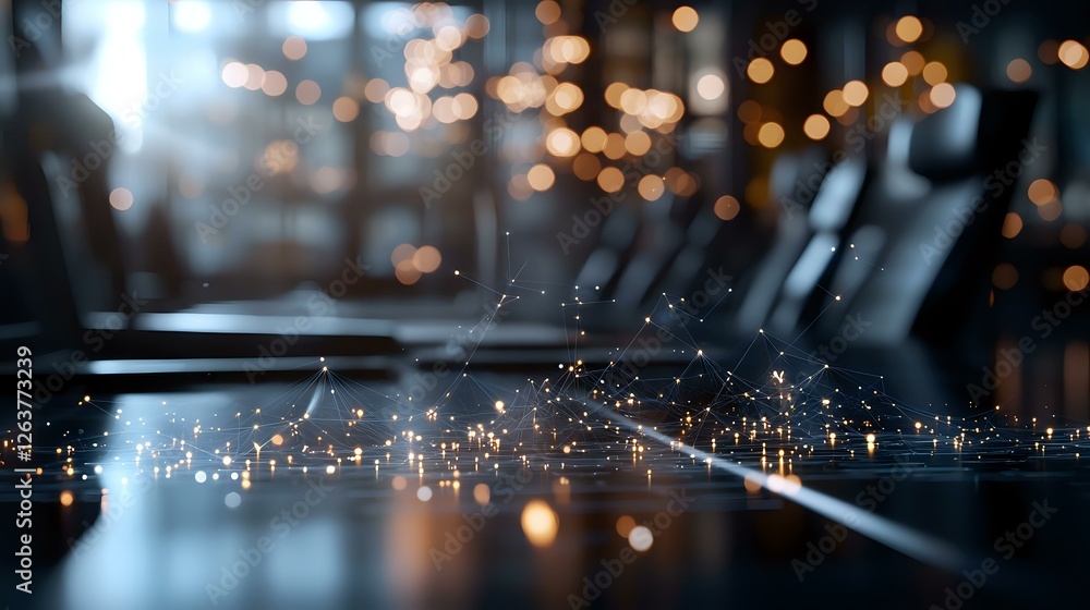 Poster blurred laptop keyboard with magical glowing particles and bokeh lights creating atmospheric night m