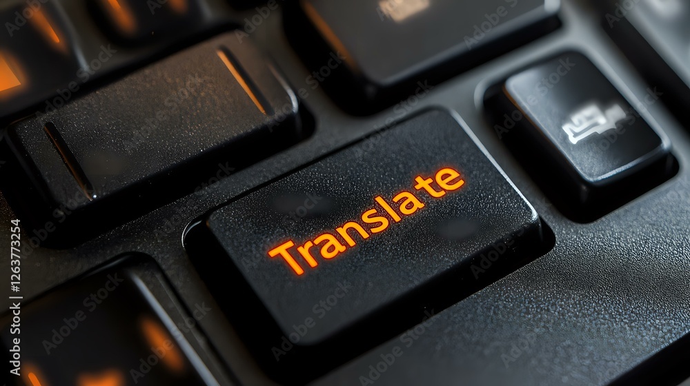Poster black computer keyboard with illuminated orange translate button in dark environment, macro photogra