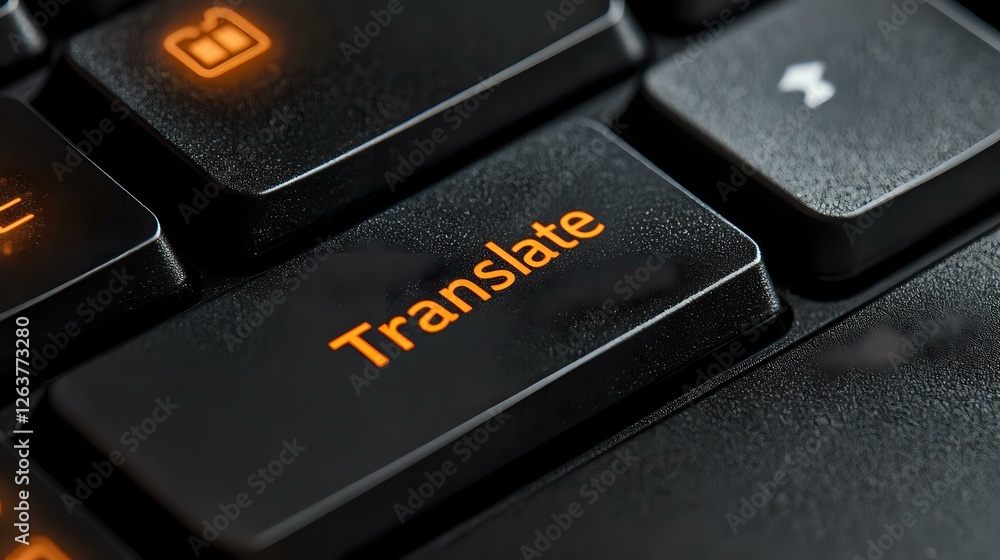 Poster black keyboard with illuminated orange translate button in dark setting, macro photography showing t