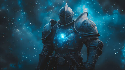 Fototapeta premium Background of brave knight and big muscle with armor covering the body. Nebula-Infused Armor. Illustration