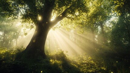 Obraz premium Sunbeams through the Forest: A Mystical Morning