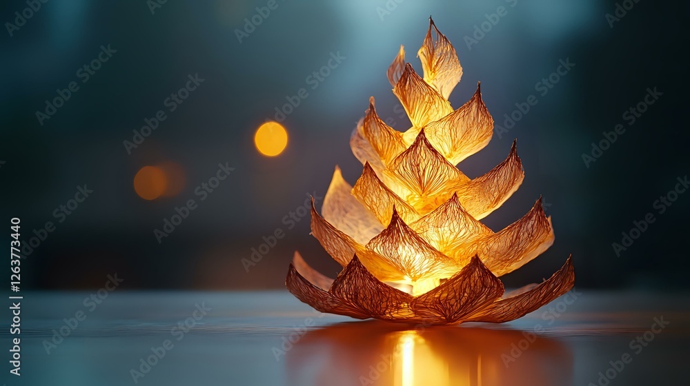 Poster glowing paper origami tree lamp with warm light illuminating layered leaves creates cozy atmosphere 
