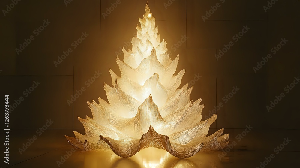 Poster glowing paper art christmas tree made from layered white paper sheets creating magical festive atmos